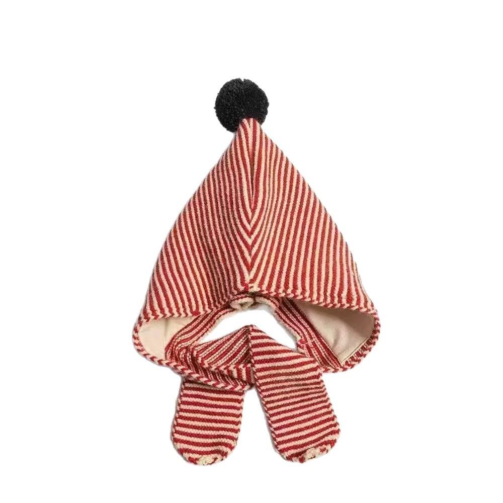 Children's striped hat and scarf integrated autumn and winter elf pointed hairball ear hat, windproof and warm for boys and girls