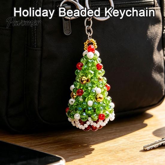 Beaded Key Holder Handmade Christmas Keychain, Xmas Tree Wreath Gift Box Bell Backpack Charm Santa Keyring, Hanging Decor for Party Favors