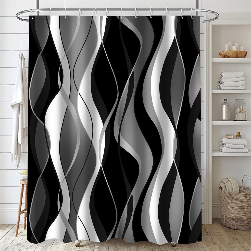 4pcs Stripe Pattern Waterproof Shower Curtain With 12 Hooks Non-Slip Bathroom Rug Toilet U-Shape Mat Toilet Lid Cover Pad