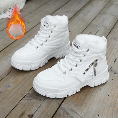 Women's Winter Sneakers With Fur White Women's Platform Sneakers Warm Women Sneakers Thick Sole Leather High Top Casual Shoes