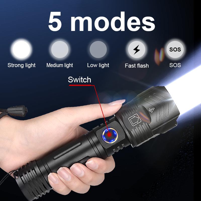 1000000LM XHP160LED High Powerful Flashlight Waterproof Rechargeable USB Torch Zoomable Lantern 26650 Battery Hand Lamp Camping Lantern