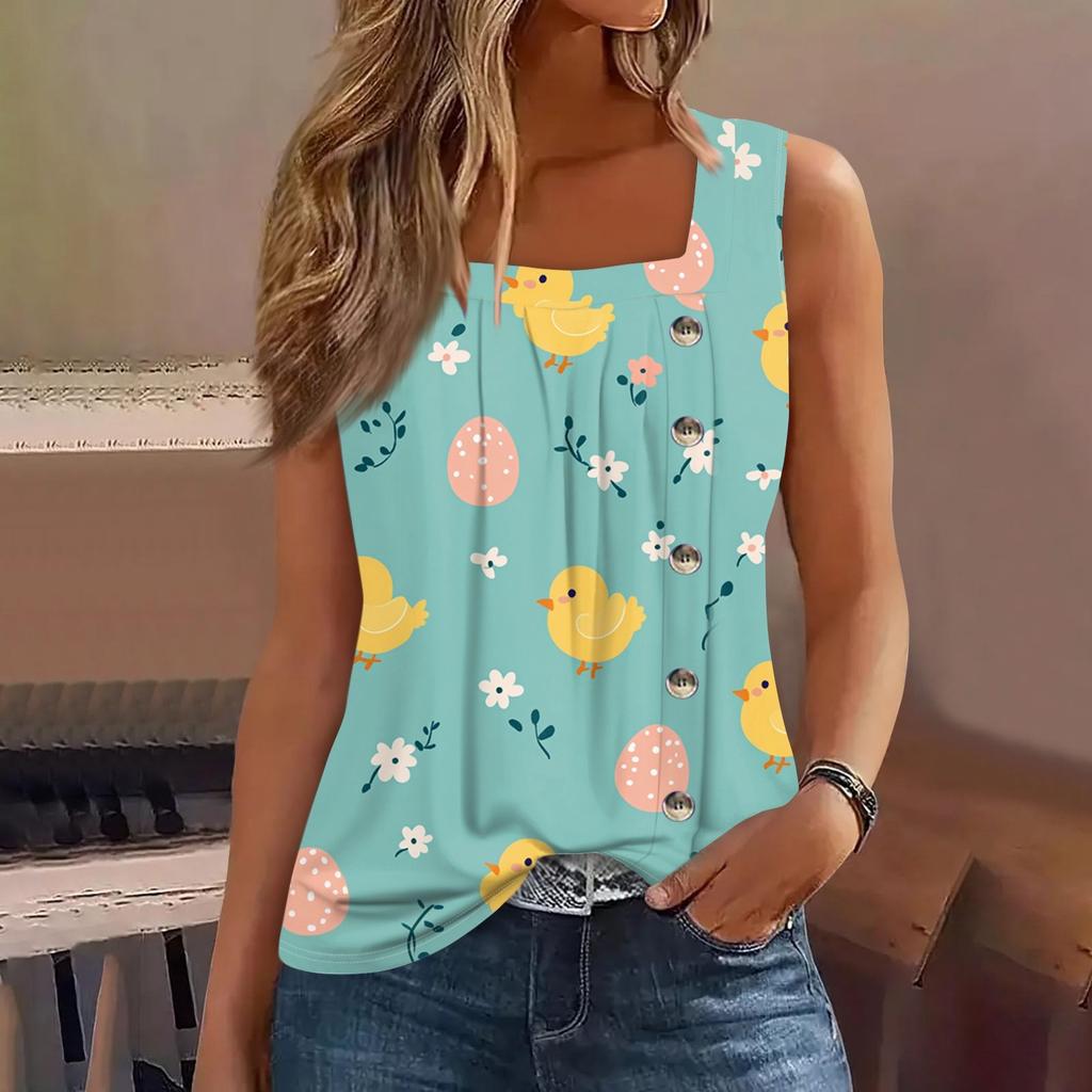 Moda damska Casual Podstawowy Plisowany Zwykły guzik Kwadratowy kołnierzyk Kamizelka bez rękawów Letnie podkoszulki z nadrukiem