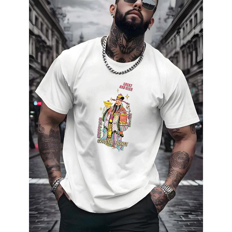 European Sizes Men Casual T Shirt God of Wealth Print Lucky Rich Happy Life Give Me Money Street Style Adult Men Fashion Summer Casual Wear