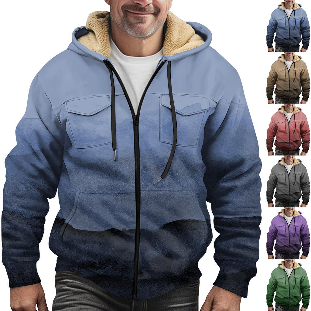 Fleecegenser med hette og hette med glidelås for menn med lapplomme Uformell jakke