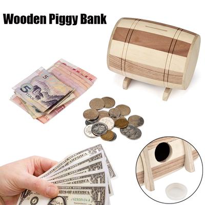 1pc Wooden Money Box Bank Money Box Savings Wine Barrel Wood Piggy Bank
