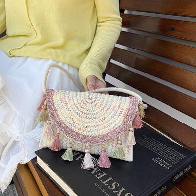 Summer Bohemian Style Tassel Women Straw Crossbody Bags Travel Lightweight Ladies Envelope Shoulder Bag Simple Female Handbag