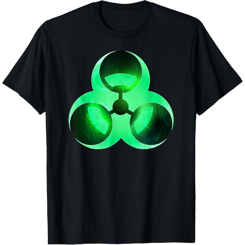 UnisexS Black TShirt with Glowing Green Biohazard Symbol Casual Round Neck Short Sleeve Stretchy Fabric S