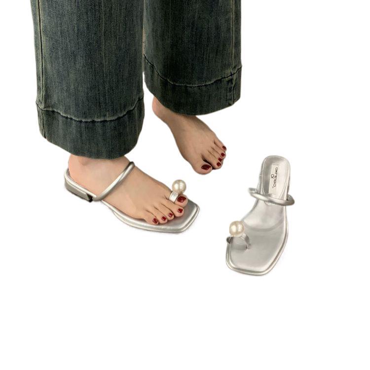 Retro Versatile Pearl Set Toe with Low Heel Evening Slippers Women's Summer Wear 2025 New Sandals Sandals