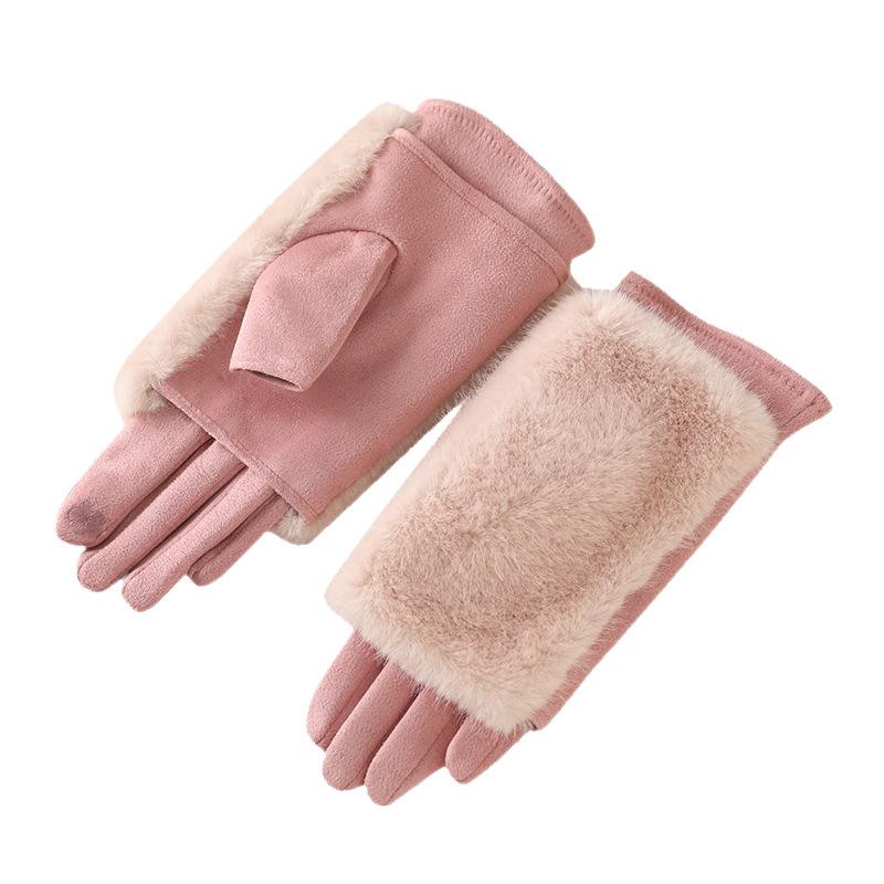 Damen Herbst- und Winterhandschuhe aus Kaninchenfell plus Samt verdickt winddicht und warm Reiten Kälteschutz Touchscreen Wildlederhandschuhe