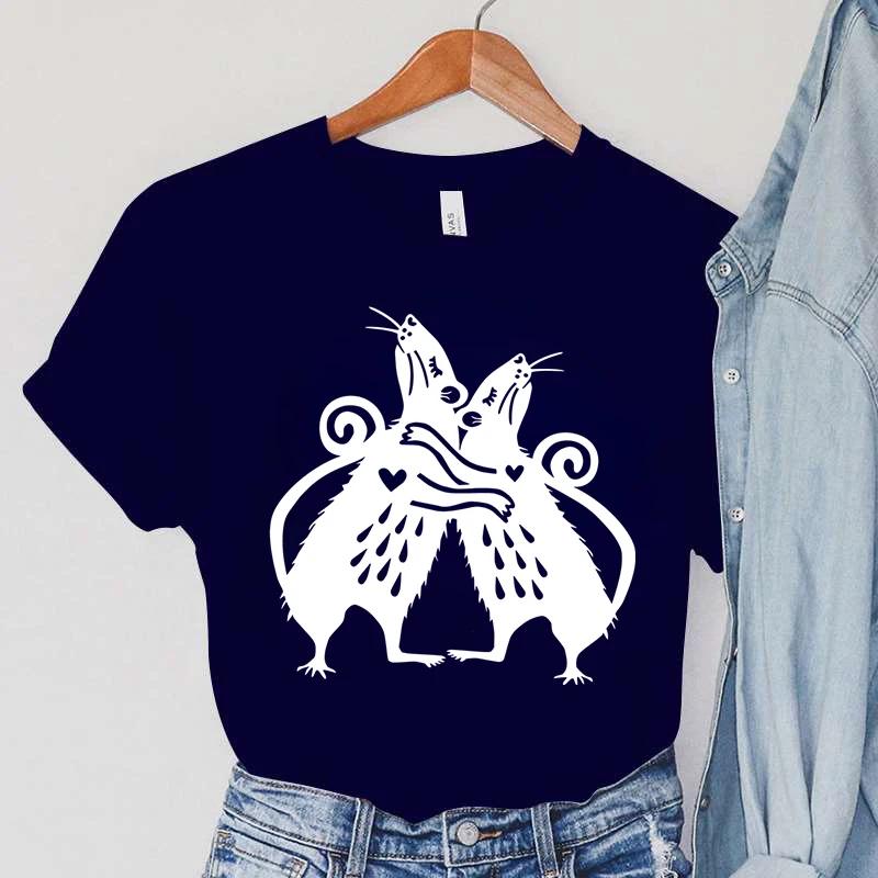 

Крыса Женская одежда Мультфильм животных Повседневные женские футболки Крысы Embrace Print Модные футболки Летние винтажные крысы женские футболки XXXL темно-синий