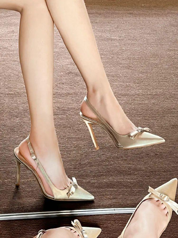 Fashion 2025 Spring And Summer New French Pointy Stiletto Heels Champagne High Heels Wrapped Head Satin Fairy Bow Sandals Pumps