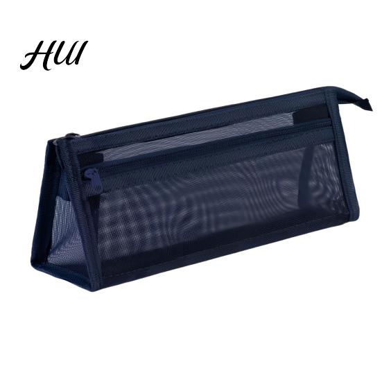 Lightweight Cosmetic Bag Mesh Pencil Case Compact Makeup Travel Large Capacity Zipper Top Toiletry Portable Stationery Transparent Nylon Organizer for темно-синий