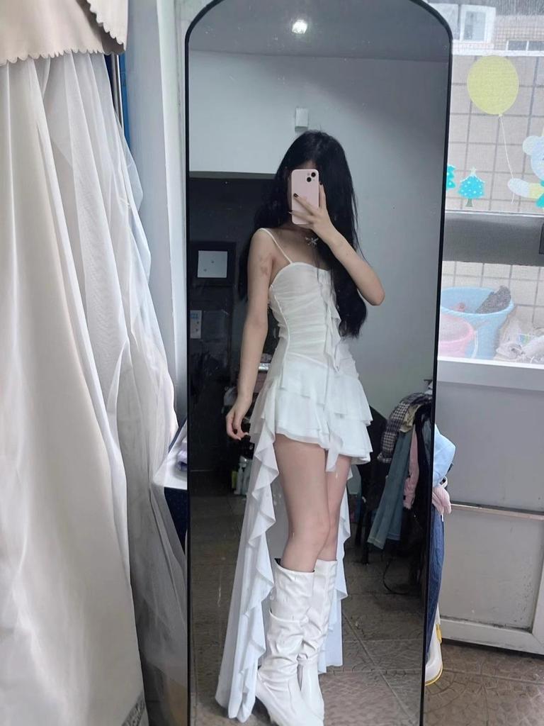 French-inspired Ruffle Spliced Camisole Dress - Women's Summer Slimming Irregular Long Dress