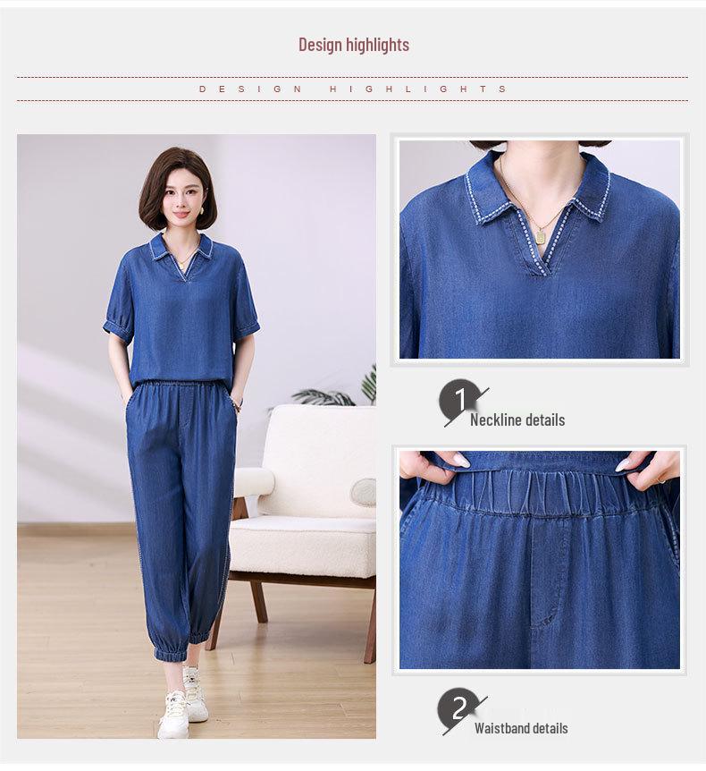 Women's Summer Tencel Denim Suit: Stylish 2025 Casual Two-Piece Set for Middle-Aged Mothers