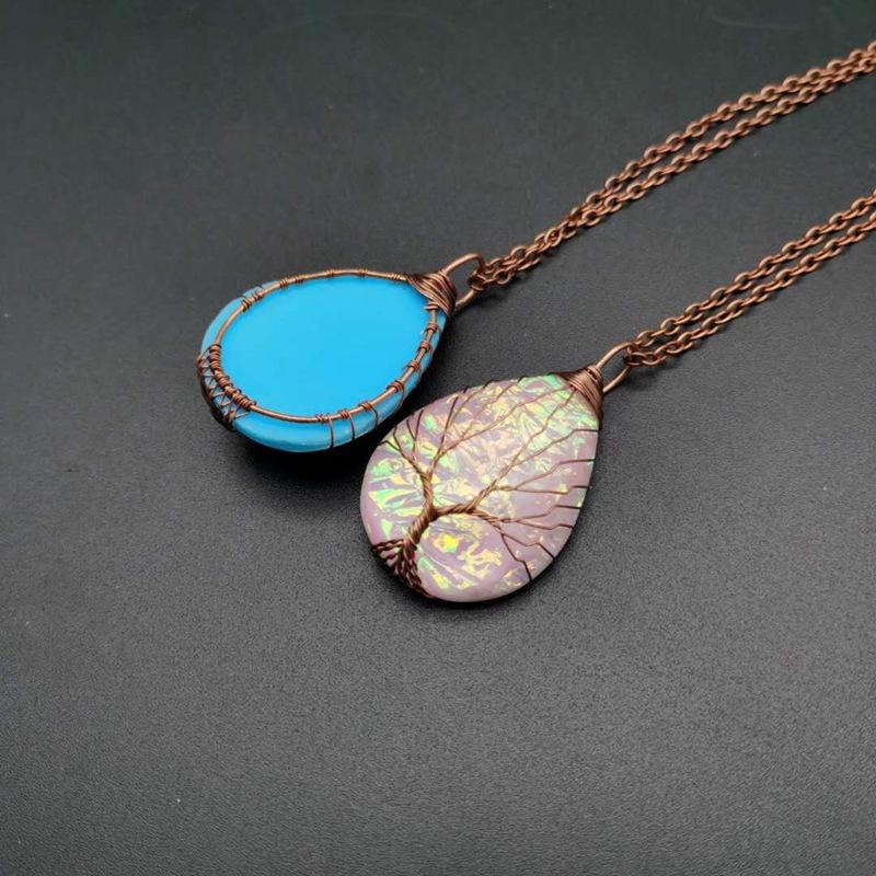 Vintage Handmade Copper Wire Winding Water Drop Tree Of Life Color-Changing Corrugated Resin Necklace Pendant Exquisite N516