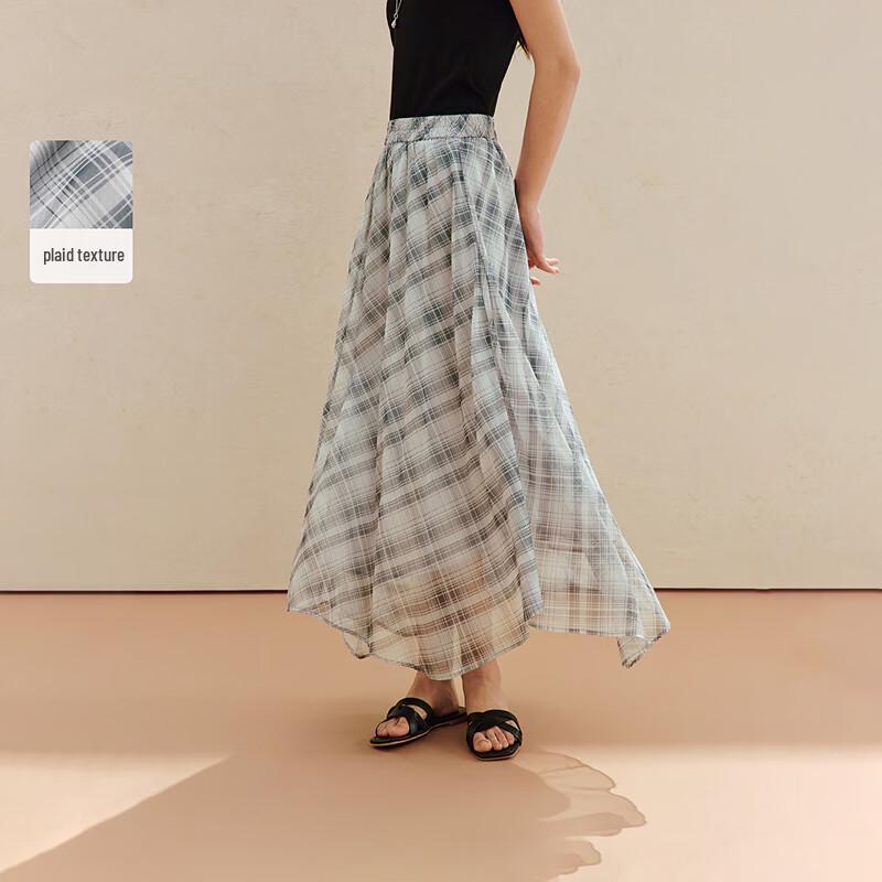 INMAN Retro Plaid Elastic Waist A-Line Skirt S