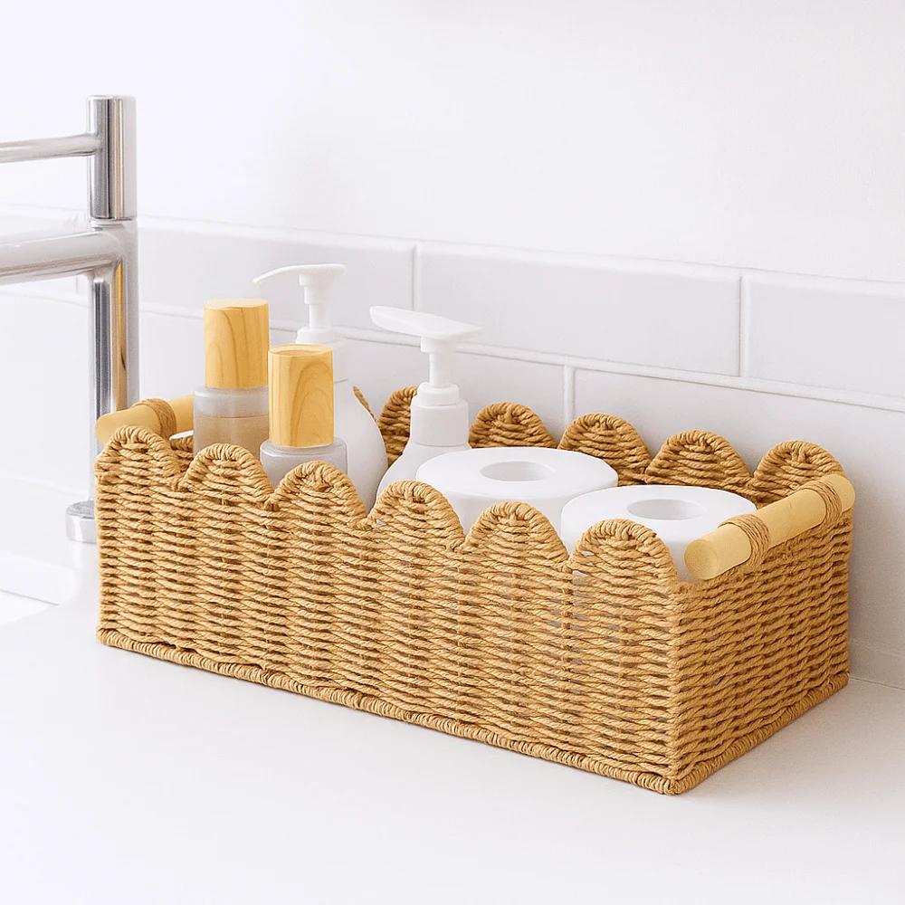 Rectangular Paper Rope Storage Basket Handmade Handwoven Toilet Paper Storage Basket Decorative Scalloped Edge