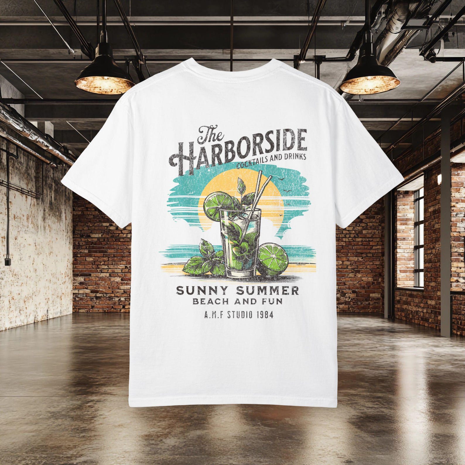 Harborside Summer T shirt | Tropical Cocktail Graphic Tee | Beach Vacation T shirt | Retro Summer Drink Shirt |Coastal Cocktail Shirt 4XL