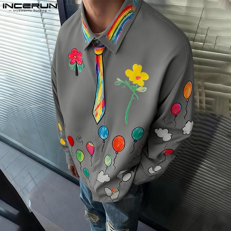Oversized Neck Men Incerun Lapel Buttons Up Floral Print Casual Long Sleeve Shirts