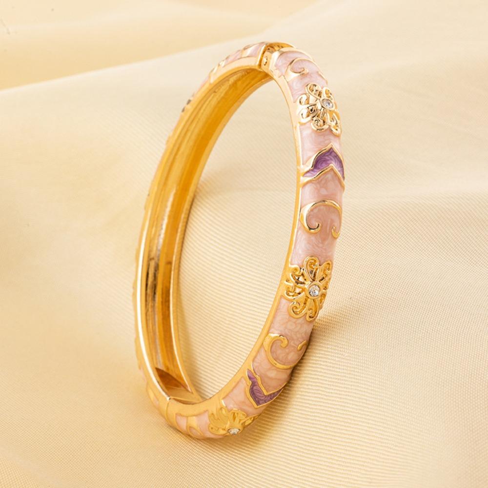 New Colorful Bangle Bracelet Gold Plated Chinese Style Enamel Flower Bracelet Elegant Handmade Cuff Bracelet Women