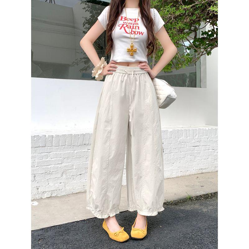 

Kumikumi Pure Color Elastic Waist Casual Pants Loose Pants Women s Autumn Loose Drooping All-Matching Straight Pants Cropped Pants White tea XL