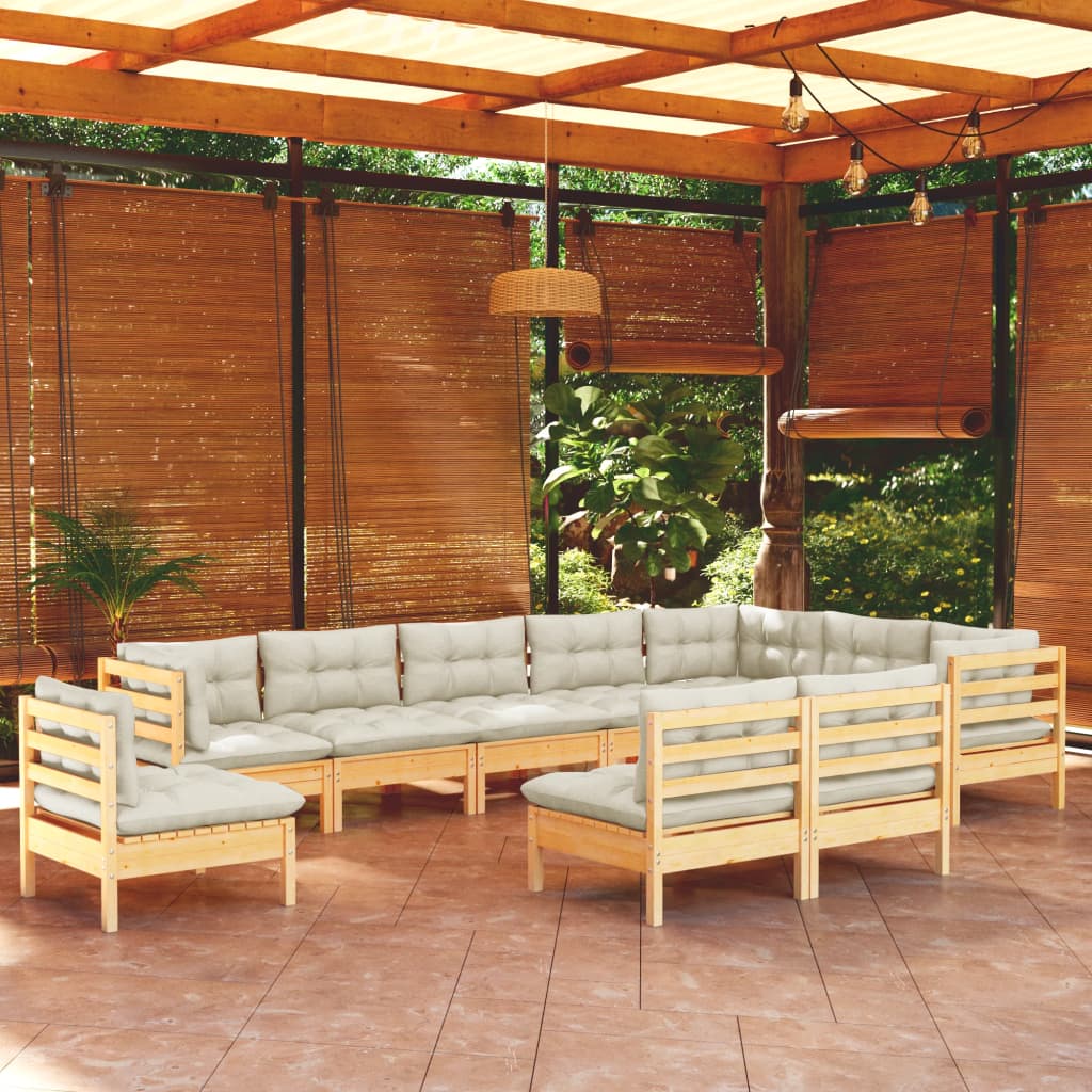 Vidaxl 10-Cz. Garden Lounge Set, Cream Cushions, Pine