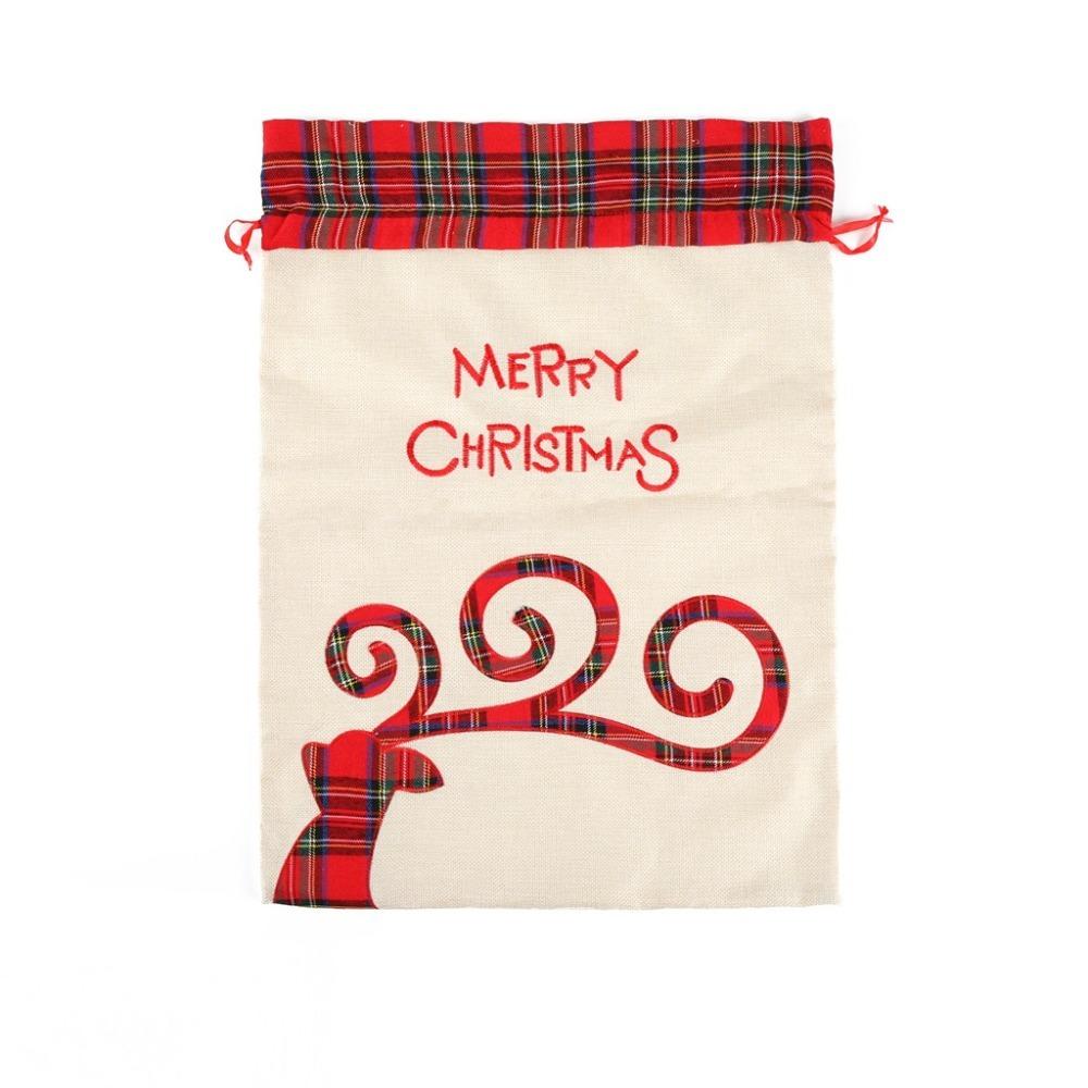Large Christmas Gift Bag Plaid Applique Drawstring Pocket Candy Bag Christmas Handbag Xmas