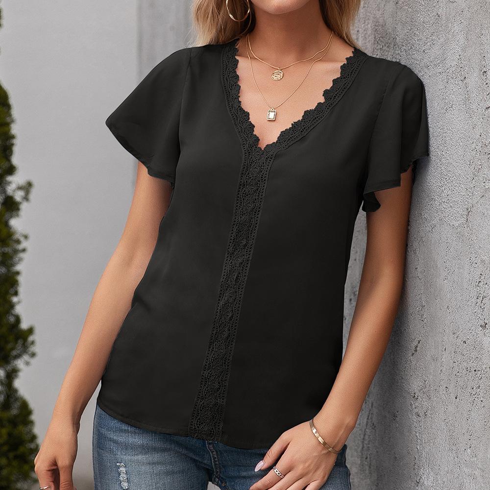 Sommer Einfaches Temperament Damen T-Shirt V-Ausschnitt Lässige Lose Hohle Kurzarm Tops