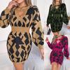 Sexy Leopard Color Wrap Hip Woolen Dress Autumn Winter Cross V Neck Batswing Sleeve