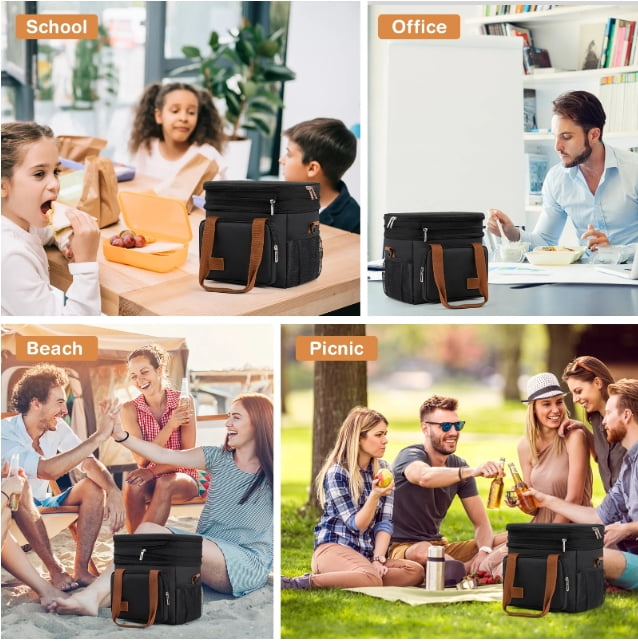 Lunch Bag , 17L Expandable Double Deck Lunch Cooler Box, Lightweight Leakproof Lunch Tote Bag W/ Side Tissue Pocket&Adjustable Shoulder Strap