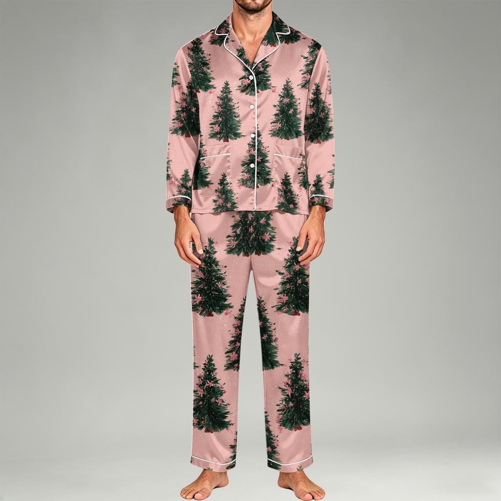 Herren Langarm Button-Down Pyjama-Set, 2-teilige Nachtwäsche Loungewear mit Hose für Zuhause und Schlafenszeit
