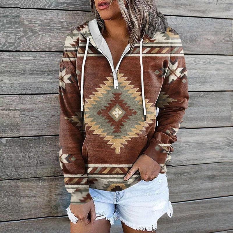 Autumn Winter Ethnic Tribe Hooded Hoodie Jacket Top Sweatshirts Women’s