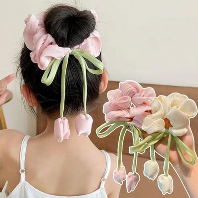 Elástico de Cabelo Respirável Chiffon Organza Tecido Alta Elasticidade Design de Flor Tulipa Corda de Cabelo com Fitas Serpentinas Rabo de Cavalo Coque Acessórios de Cabelo