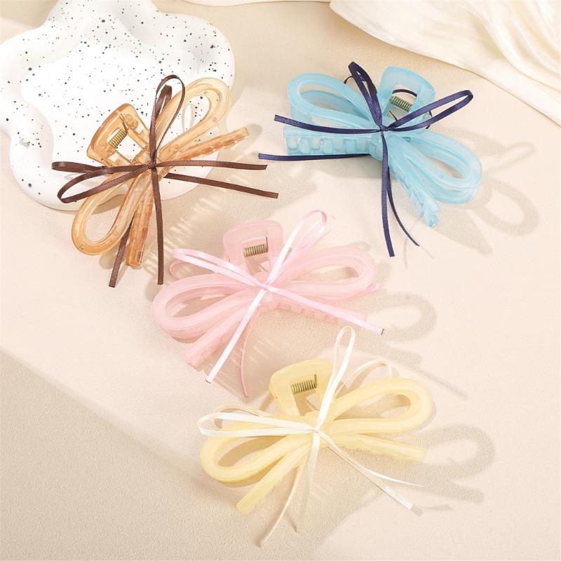 Lightweight Ergonomic Hair Claw Clip With Ribbon Bows Practical Acrylic Hairpin Hair Ornament For Office School Styling