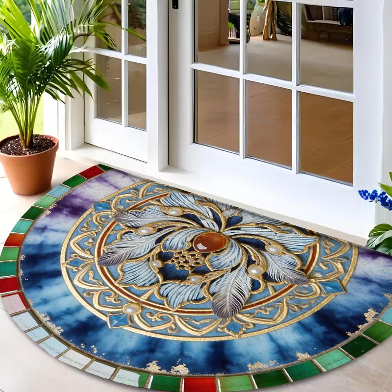 Blue Gold Feather Mandala Doormat Intricate Bohemian Pattern Non Slip Entry Rug For Entryway Hallway And Artistic Home Decor