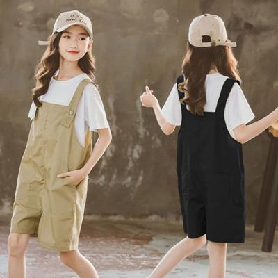 Costume en coton pour enfants de 7 à 12 ans, couleur unie, haut à manches courtes + pantalon à bretelles, 2 pièces/ensemble