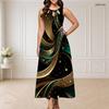 Women Plus Size Round Neck Triple Keyhole Cutout Sleeveless Printed Black Green Gold Long Dress