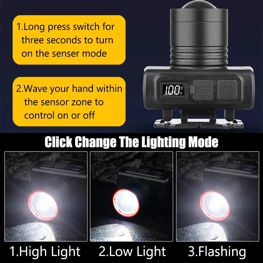 1200Lum Tactical LED Headlamp - USB Rechargeable Head Flasglight, Zoomable Sensor Light for Night Fishing, Hunting, Emergency