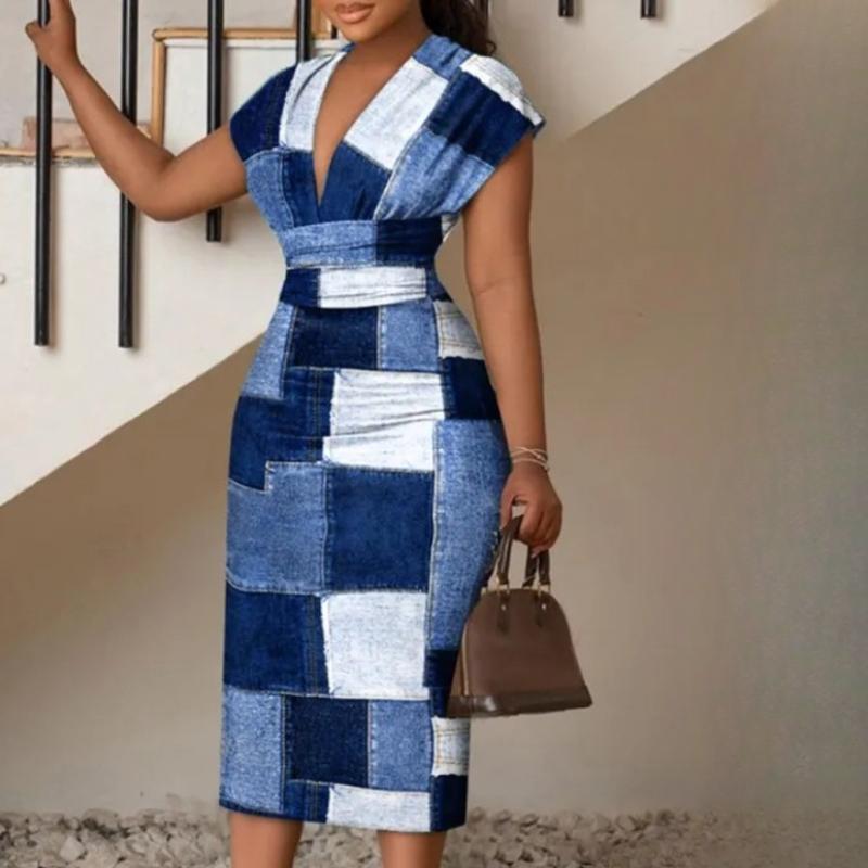 BITCED Damen Frühling/Sommer Kurzarm Einfach V-Ausschnitt Hüftumhüllung Bedruckte Kleider