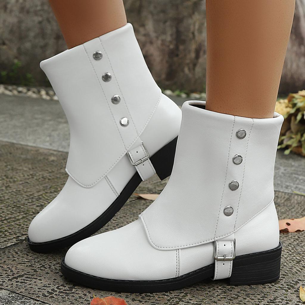 Fashion Spring Autumn Medium Heel Round Head Short Boots for Women Fashion Solid Color Metal Buckle Women Shoes Roman Style Slip On Bota