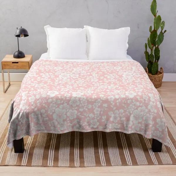 White Pink Cherry Blossom Flannel Throw Blanket Romantic Flowers King Queen Full Size For Living Room Sofa Couch Lightweight