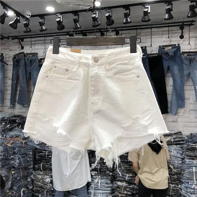 Classic and Minimalist Fashion Versatile Broken Holes Female Summer Loose Thin Broken Holes Ragged Wide-legged A Word Denim Shorts Individuality