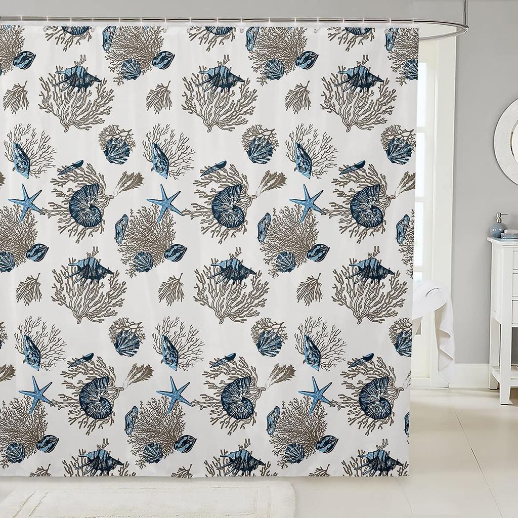 Nautical Coastal Shower Curtain,Beach Ocean Theme Shower Curtain for Bathroom Decor,Summer Tropical Coral Bath Curtain with Hook