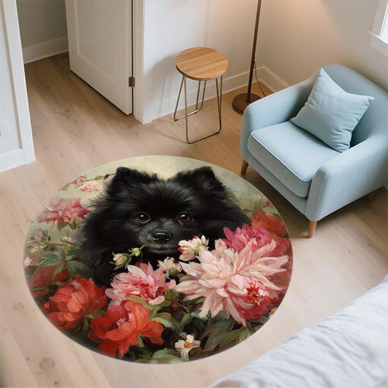 Pomeranian & Flowers pattern round rug,Carpet Rug for Living Room Bedroom Playroom ,Non-slip Floor Mat,Holiday Gifts and Birthday Gifts.