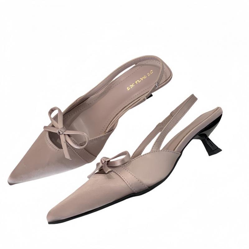 2025 Spring and Autumn High Heels Four Seasons Shoes Korean Version Pointed Head Bow Satin Baotou Sandals Hollow Single Shoes Women
