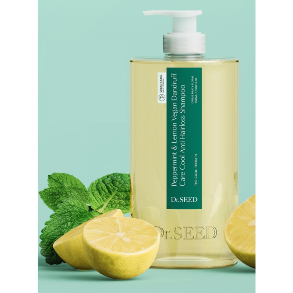 Dr. Seed Menthe Poivrée & Citron Soin Antipelliculaire Végétalien Shampooing Frais Anti-Chute de Cheveux, 1L, 2 unités.