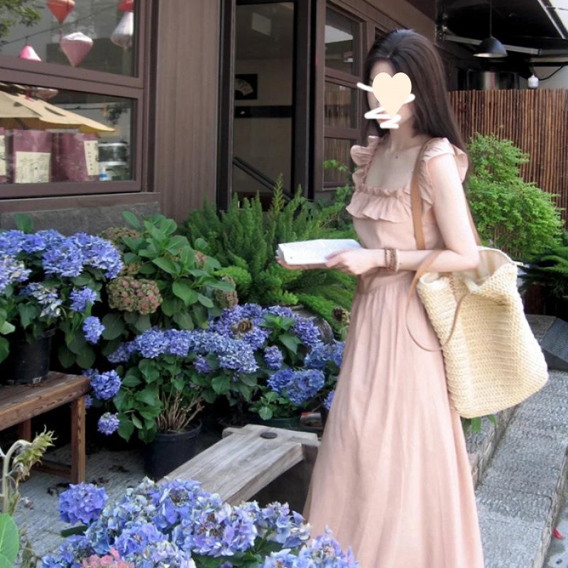 

Sweet pink flying sleeve dress children s summer new square neck waist gentle long dress S