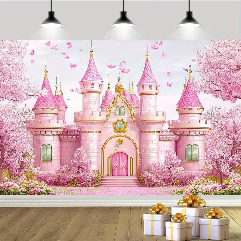 Fondo de Foto de Castillo Rosa 2D con Flores de Cerezo para Fiesta de Cumpleaños Infantil Decoración de Estudio Tela