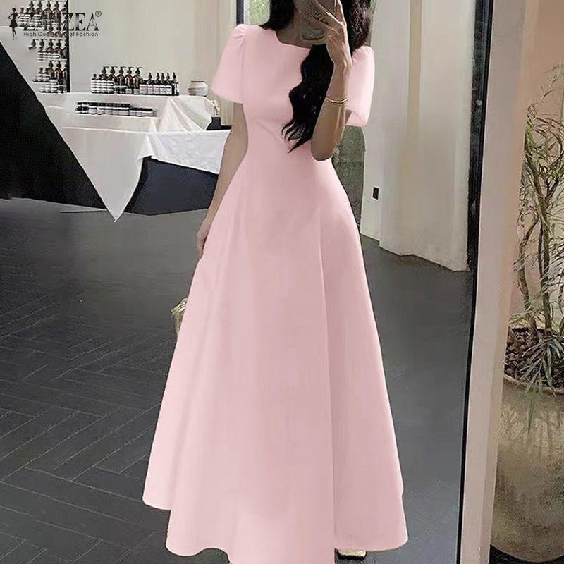 ZANZEA Women Elegant Round Neck Casual Short Sleeve Long Dress