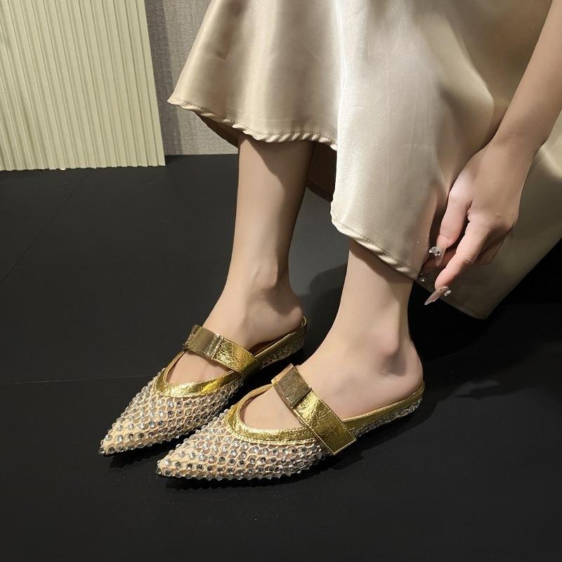 Rhinestone Mesh Wrapped Slippers Summer New Pointed Toe Cutout Breathable One Strap Non-Slip Low Heel Shoes
